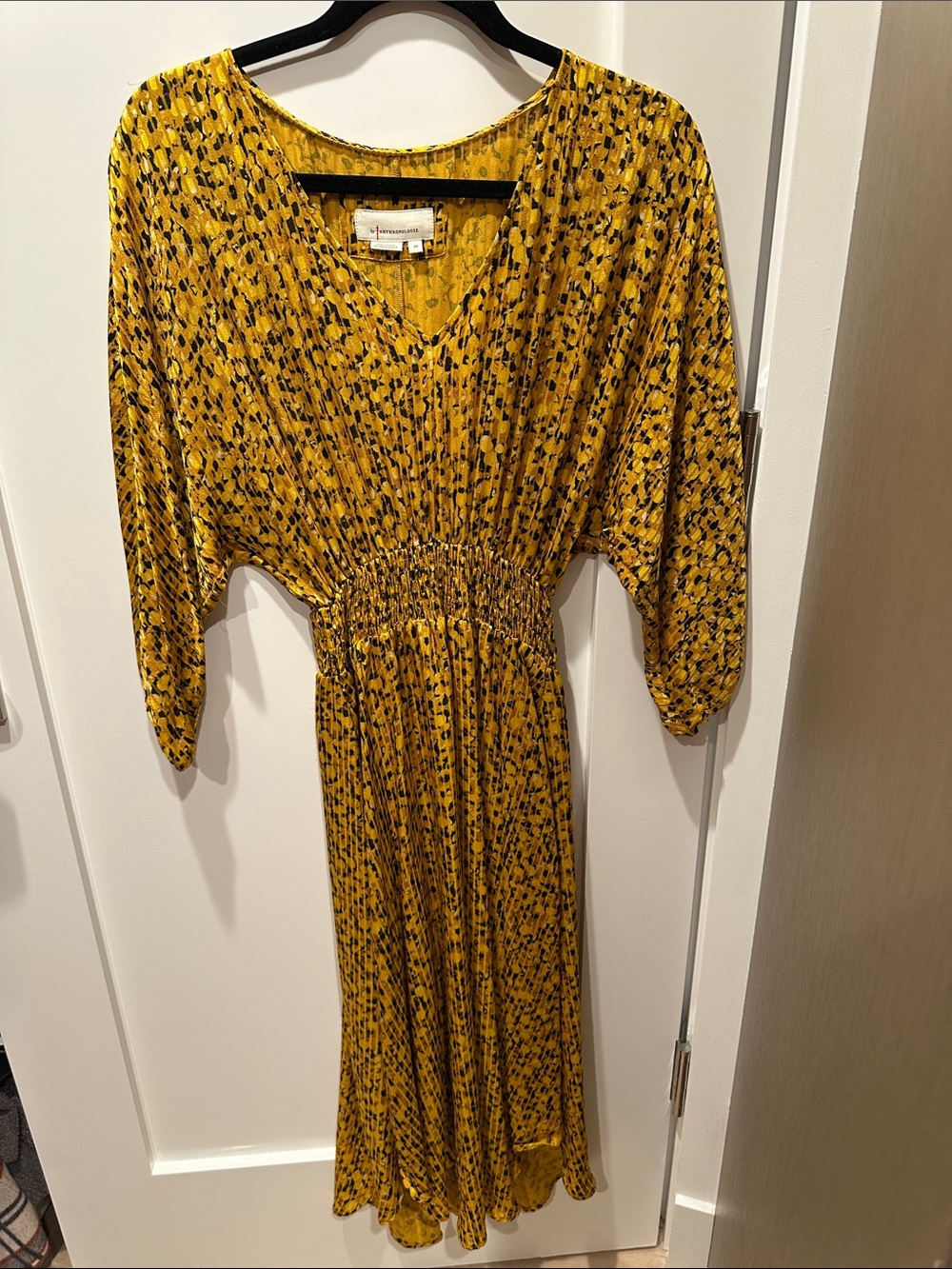 Anthropologie Mustard Yellow Printed V-Neck Smocked-Waist Midi Dress
